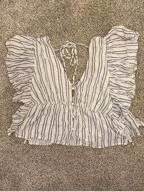 Altar'd State White & Blue Striped Ruffle Sleeve Tie-Back Top